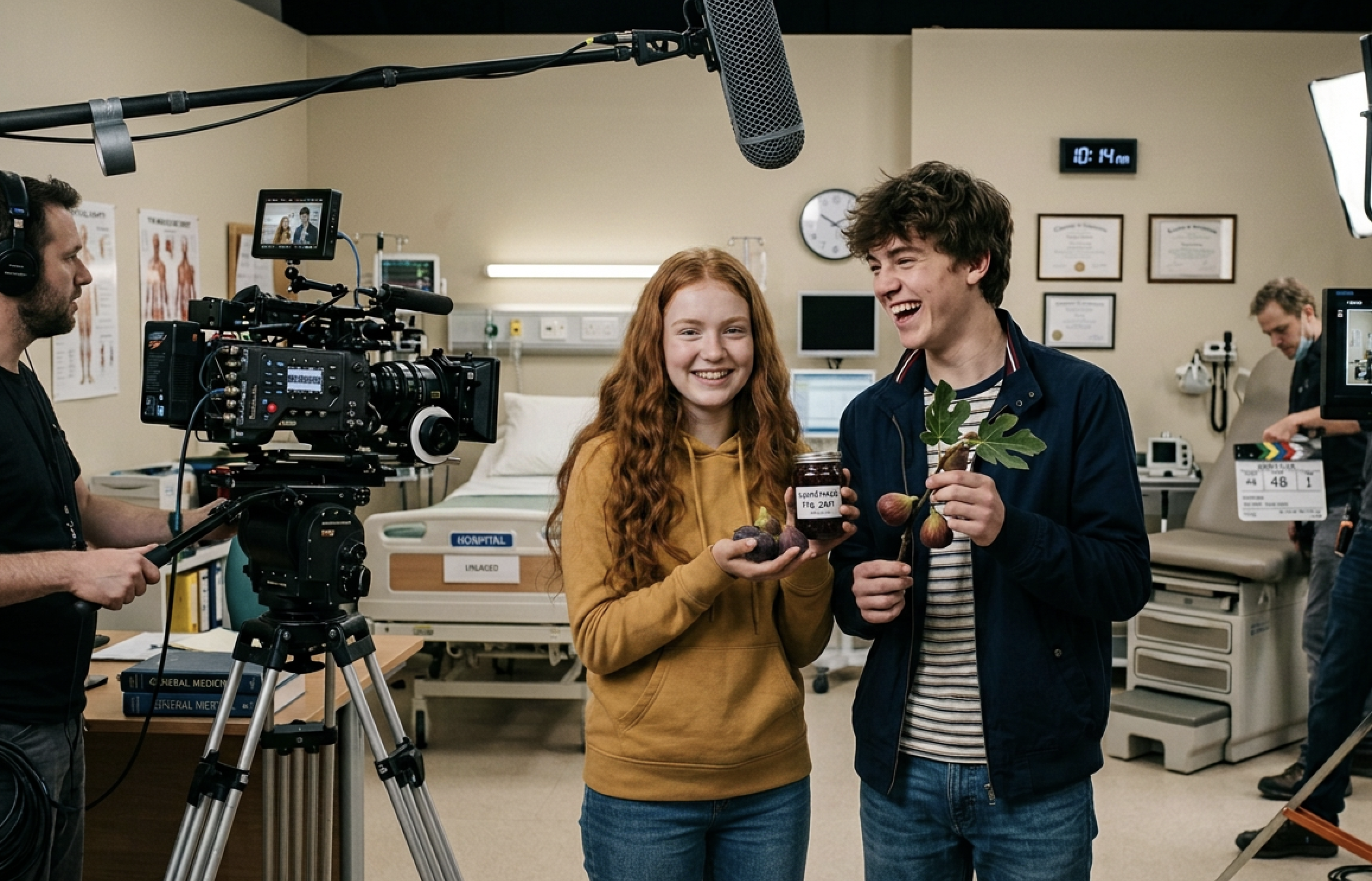 Students celebrating on set